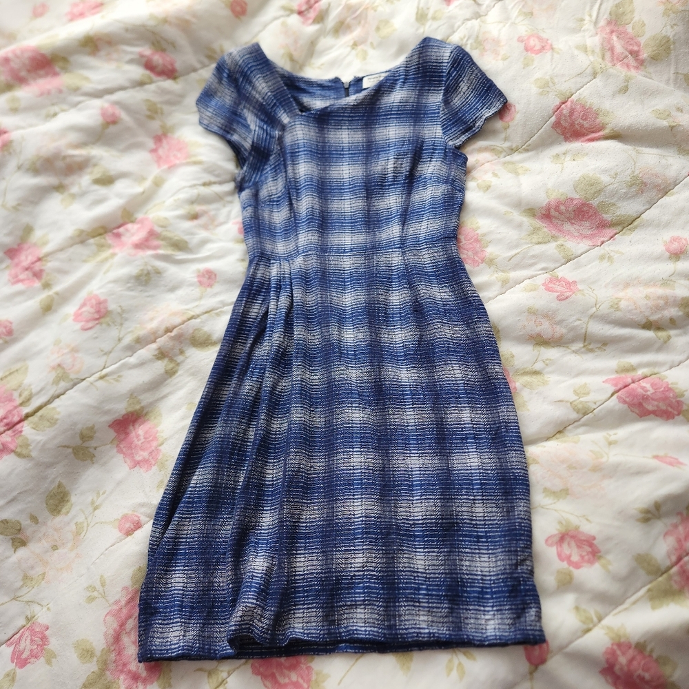 Handwoven Blue Check People Tree Asymmetrical Neckline Midi Dress size 4